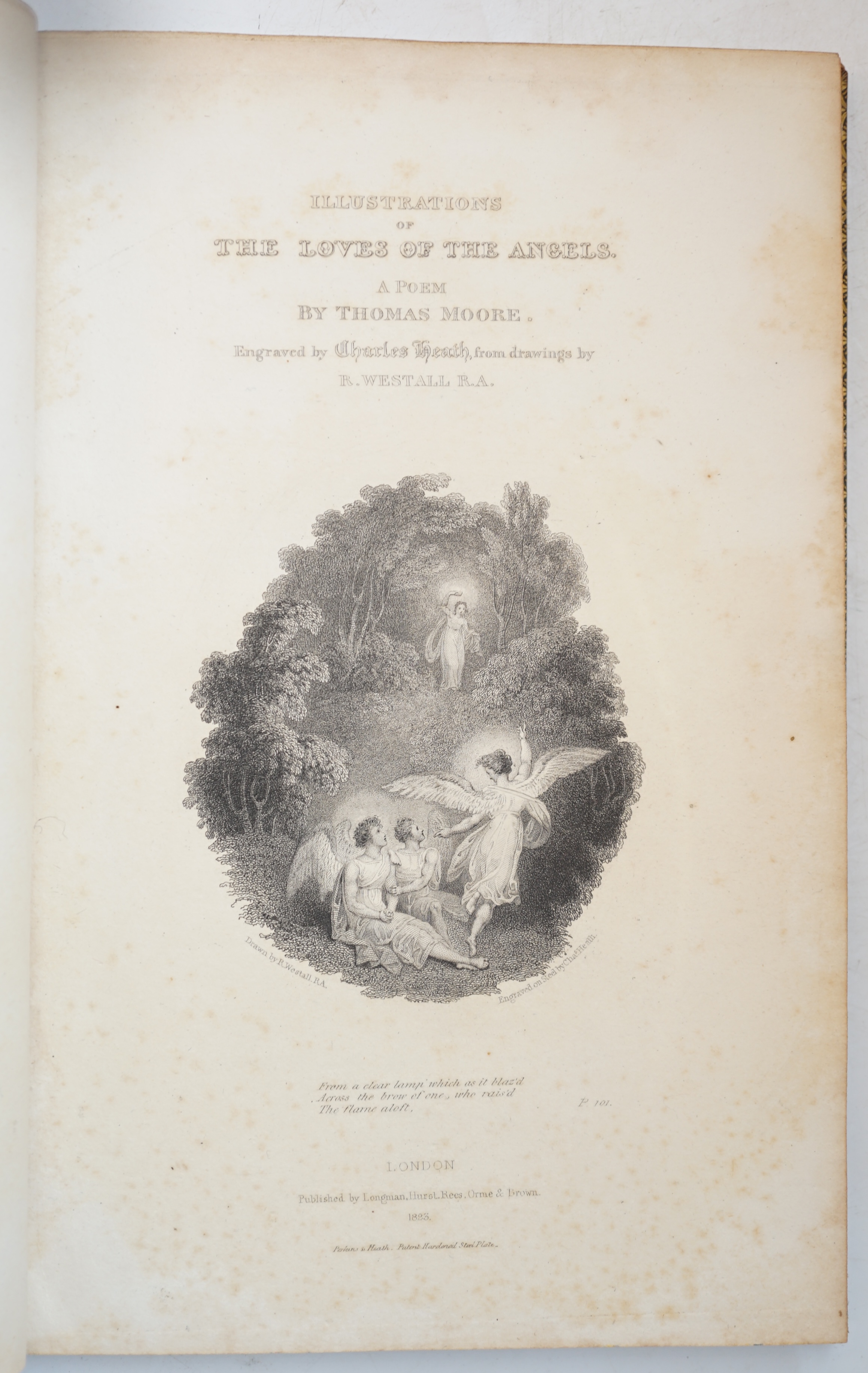 Moore, Thomas - Illustrations of The Love of the Angels, with 4 engraved plates after Richard Westall, 8vo, green morocco gilt, half title and vignette engraved addition title, Longman et al, London, 1823 and Bentivoglio